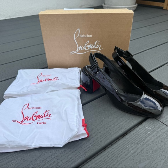 Christian Louboutin Black Minny Sling 70mm Patent Calf Leather Pumps Size 39.5